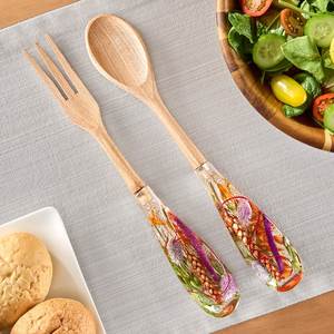 Wood Salad Servers Set With <b>Pressed</b> <b>Flowers</b> Eco-Friendly Dishwasher Safe Serving Spoon And Fork For Fresh Vegetables Decor - Product Image 1
