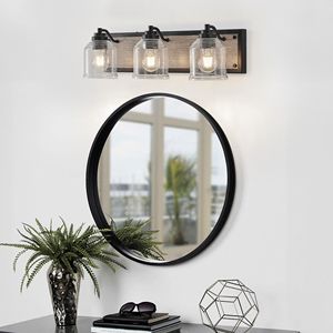Lampada da bagno a 3 luci in stile rustico M, finitura effetto legno nero, 23 pollici, con paralumi in vetro smerigliato trasparente - Product Image 1