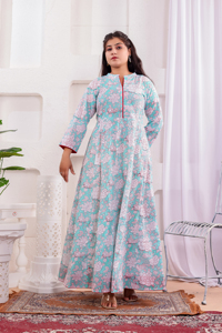 Floral <b>Print</b> Regular Floor-Length Knitted Dress Mandarin Collar Long Sleeve Cotton Ball Gown Formal Eco-Friendly Hand <b>Block</b> - Product Image 4