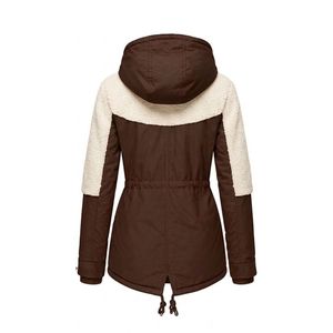 Top Quality Women Parka Jacket Brown Cream Colorblock <b>Sherpa</b> <b>Lined</b> Cinch Waist Detachable Hood Straight Arm Sleeves Coats - Product Image 3