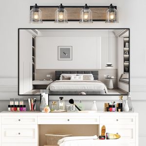 32\" Farmhouse 4-Light Bathroom Vanity Fixture Clear Seeded Glass Shades with Black Wood Grain Finish <b>Wall</b> <b>Sconce</b> Design - Product Image 2