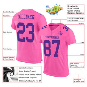 เสื้อฟุตบอลสีชมพู ผ้าตาข่ายสีม่วง เสื้อฟุตบอลลายทางแบบสั่งทำพิเศษ เสื้อและเสื้อทีมสำหรับนักกีฬา ชุดยูนิฟอร์มทีม แบบซับลิเมชั่น - Product Image 3