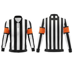 Maillot d'arbitre de football à manches longues pour homme, noir et blanc rayé avec accents orange, demi-zip, chemise d'arbitre officielle pour match - Product Image 4