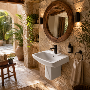 Lavabo Semi-Pedestal Moderno Trigon con Soporte para Grifo de un Solo Orificio, Diseño Minimalista, Lavabo de Cerámica Pulida para Baño - Product Image 6