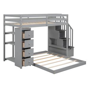 Letto a Castello Grigio con Letto Singolo Sopra e Letto Matrimoniale, 3 Ripiani, Cassetti e Scala con Vano Portaoggetti per Bambini - Product Image 6