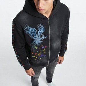 Sudadera con capucha negra personalizada para hombre con estampado de dragón y mangas con pedrería, estilo casual para otoño, corte regular, material French Terry - Product Image 6