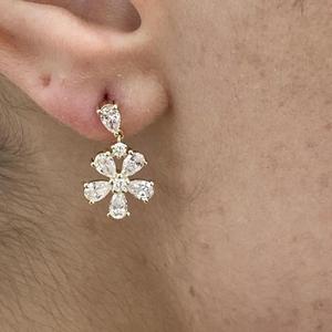 Pear Cut & Round <b>Diamond</b> Flower Drop <b>Earrings</b> Solid Gold Floral <b>Dangle</b> <b>Earrings</b> Luxury Bridal <b>Earrings</b> Elegant Wedding Gift - Product Image 1