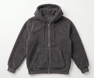 Veste à capuche en polaire gris foncé pour homme, fermeture éclair, vêtement d'hiver décontracté, coupe régulière, doublure en sherpa, matière en polyester tricoté - Product Image 1