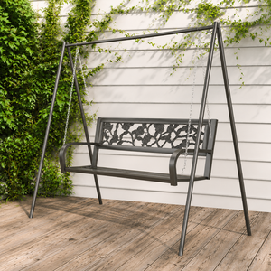 Outdoor Metal Garden <b>Swing</b> Bench With A <b>Frame</b> Stand Floral Backrest Chain Hanging Porch Patio Seat Furniture - Product Image 2