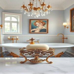 Porta jabón ornamental con acabado dorado, un soporte floral texturizado y una base decorativa de filigrana. Disponible a precios de mayorista. - Product Image 1