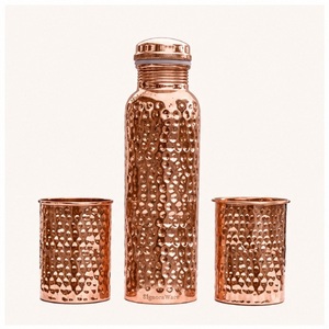 Hammered Copper Water Bottle with 2 Tumbler Glasses Set Leak-Proof Ayurvedic <b>Drinkware</b> Lacquer Coated for Office - Product Image 3