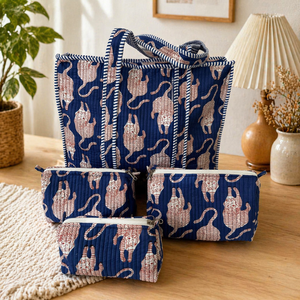 ชุดกระเป๋าถือผ้าฝ้ายลายแมว กระเป๋าโท้ทแบบเย็บลายพร้อมกระเป๋าซิปใส่เครื่องสำอาง กระเป๋าจัดระเบียบสำหรับเดินทางรักษ์โลก - Product Image 1