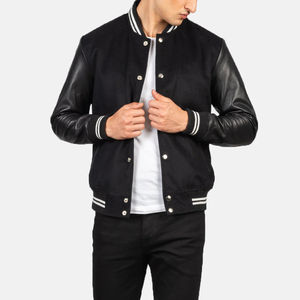 Veste bomber de baseball pour homme de haute qualité, style universitaire noir, col côtelé, fermeture à boutons, poches - 100% coton, hiver - Product Image 3