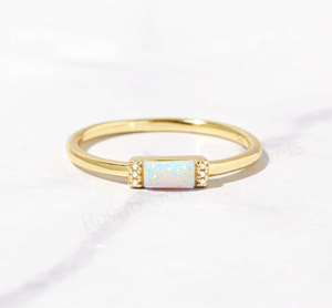 Natural Ethiopian <b>Opal</b> 3x5mm Rectangle 925 Silver Gold Plated Bezel Set CZ Diamond Gemstone <b>Ring</b> Unisex Women's Wedding Jewelry - Product Image 1