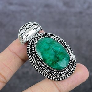 <b>Emerald</b> Gemstone <b>Pendant</b> Handmade Vintage Oval Cut Antique Overlay Charm Unisex Bohemian Alloy Jewelry - Product Image 1
