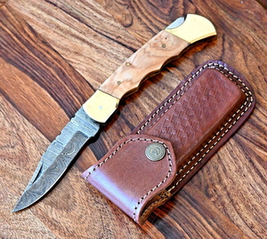 Couteau pliant Short Sign Forge en acier Damas de qualité industrielle, manche en bois d'olivier, embout en laiton, étui, couteau de chasse EDC de poche - Product Image 1