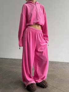 Ensemble de survêtement rose à capuche pour femme, manches longues, fermeture éclair, coupe décontractée ample avec poches latérales, taille élastique, style printemps - Product Image 4