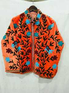 Chaqueta Blusón de Terciopelo Bordada a Mano Silkgram, Cuello Alto, Manga Larga, Diseño Floral, Naranja, Negro, Azul, 100% Algodón - Product Image 4