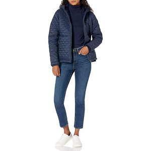Navy Blue <b>Quilted</b> Women's <b>Jacket</b> Full Sleeve Stand Collar Zipper Closure Winter Warm Coat Regular Length Solid <b>Pattern</b> - Product Image 4