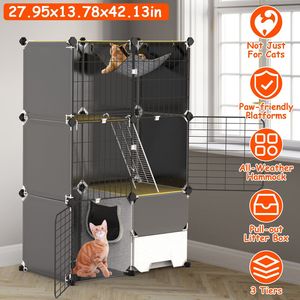 Gabbia per Gatti da Interno a 3 Livelli con Lettiera e Amaca Rimovibile, Recinto in Metallo per 1-2 Gatti, Arredamento per Animali Domestici - Product Image 1