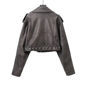 Blouson moto en cuir véritable pour femme, court et cintré, avec ceinture et fermeture éclair, manches longues, col ouvert, style automne - Product Image 2