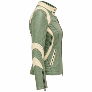 Veste en cuir d'agneau véritable pour femme, couleur vert sauge, col montant, panneau incurvé, style motard, coupe ajustée, fermeture éclair, vêtement d'extérieur - Product Image 3