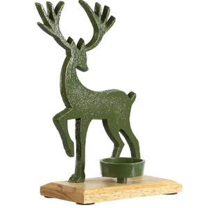 Northlight Green Reindeer Metal Christmas <b>Tealight</b> <b>Holder</b> With Mango Wood Base - Product Image 2