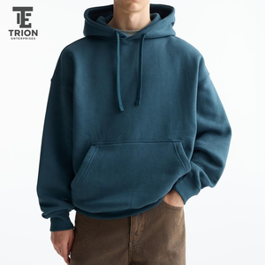 เสื้อฮู้ดดี้โอเวอร์ไซส์คุณภาพพรีเมียม สีน้ำเงินเดนิม สำหรับผู้ชาย มีกระเป๋าแบบมัฟฟ์ พร้อมเชือกผูกที่คอ และโลโก้แบบกำหนดเองได้ - Product Image 1