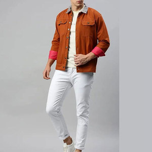 Men's Orange Denim Shirt <b>Jacket</b> Zipper Closure Pink Cuffs Stand Collar Casual <b>Slim</b> <b>Fit</b> Winter Streetwear Windproof 100% Cotton - Product Image 1