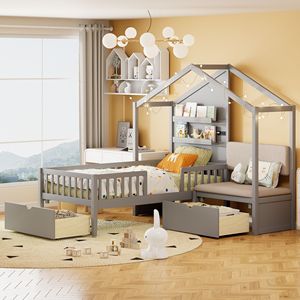Letto a forma di casa grigio per bambini, con divano imbottito, stazione di ricarica wireless e due cassetti - Product Image 1