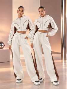 2026 Womens <b>Cropped</b> <b>Zip</b> Hoodie Solid Wide Leg Jogger Set Custom Fleece Two Piece Winter 400g Activewear Wholesale Custom Color - Product Image 4