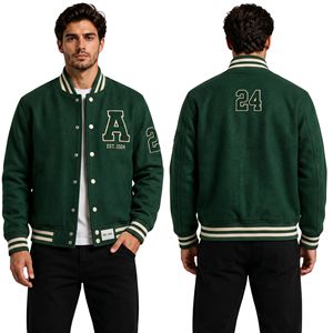 Veste de baseball en laine épaisse vert olive avec bordure en tricot côtelé et fermeture à boutons-pression pour homme - Product Image 5