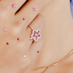 18K White Gold Natural Pink Sapphire Cherry Blossom Flower Ring Resizable Wedding Band - Product Image 1