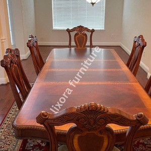 Ensemble de table à manger en bois massif artisanal de luxe pour 6 personnes, finition en bois de cerisier sculpté de style victorien - Product Image 3