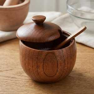 Pot de rangement en bois d'acacia avec couvercle, récipient de rangement de cuisine en bois fait main, pot à épices en bois naturel, rangement alimentaire décoratif - Product Image 1