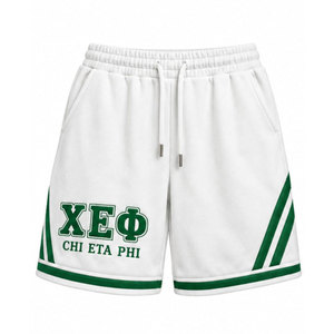 Chi Eta Phi <b>White</b> Cotton <b>Shorts</b> With Green Trim Drawstring Waist Casual Style <b>Men's</b> Bermuda <b>Shorts</b> Printed Logo Front - Product Image 2