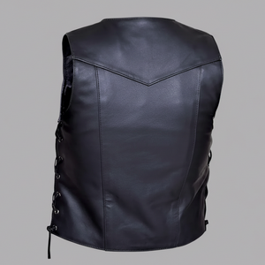 <b>Men</b>’s Motorcycle Riding Leather Vest Durable Black Biker Waistcoat with Side Laces & <b>Utility</b> Storage Quick Shipping - Product Image 4