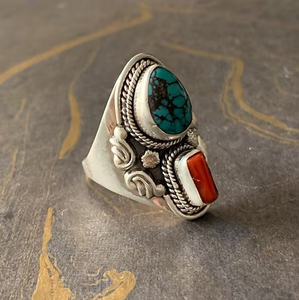 Bague large en argent sterling 925, turquoise et corail, faite à la main, style tribal vintage, pierre précieuse naturelle, vente en gros - Product Image 4