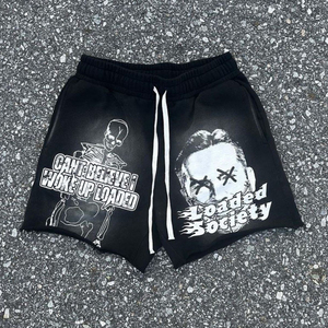 Shorts streetwear pour homme en molleton de coton à imprimé graphique, motif squelette et crâne, noir délavé effet soleil, taille élastique avec cordon de serrage - Product Image 6