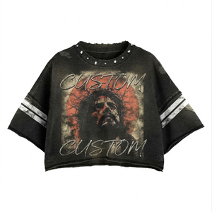 Custom Cropped Graphic T Shirt Women's Vintage Washed Distressed Studded Tee Oversized Streetwear OEM Wholesale - Product Image 1