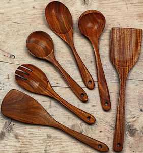 Juego de utensilios de cocina de madera natural de diseño moderno, chapado en oro rosa, con mango largo, tamaño personalizado, espátula y cuchara de primera calidad. - Product Image 4