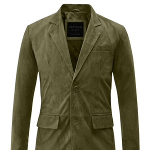 เสื้อแจ็คเก็ตหนังกลับสีเขียวมะกอกสำหรับผู้ชาย แบรนด์ Leather Cult  บุซาติน ติดกระดุมเม็ดเดียว สไตล์ลำลอง - Product Image 1