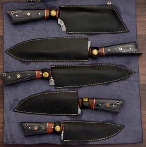 Ensemble de couteaux de cuisine en acier Damas fait main, 5 pièces, avec étui en cuir véritable, comprenant un couteau de chef, un couteau à découper, un couteau à pain, un couteau à steak, un couteau à fruits - Product Image 4