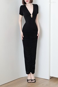 Robe longue moulante sculptante pour femme - Col en V froncé ET3175 - Product Image 2