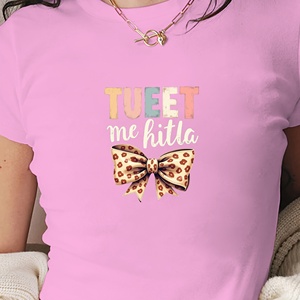 T-shirt court mode femme lettres pastel et nœud - Product Image 2