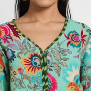 Tropical Print <b>Kantha</b> Reversible Quilted Cotton <b>Jacket</b> with Embroidery Breathable Knitted Fabric Bright Bold Handcrafted Design - Product Image 1