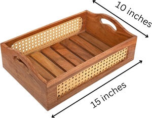 Handcrafted Wooden Storage Trays with Cane Weaving Natural Rattan <b>Box</b> with Handles Decorative Multipurpose Organizer Basket Set - Product Image 5