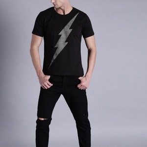 Men's Black Short Sleeve T-<b>Shirt</b> With Gray Lightning Bolt Print O-Neck Regular Fit Casual Jersey Cotton Breathable - Product Image 4