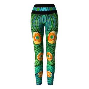 High Waist Full Length <b>Leggings</b> With Green Blue <b>Floral</b> Print Stretch Knitted Spandex Polyester Women's Yoga Pants All Seasons - Product Image 4