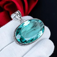 Pendentif solitaire ovale en aquamarine facettée, serti clos, fait main, en argent sterling 925, bijoux de créateur pour femmes et hommes